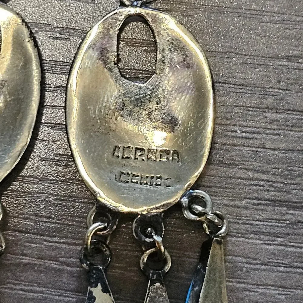 Vintage Alpaca Silver & Blue Enamel Dangle Earrings with Mother of Pearl Flowers